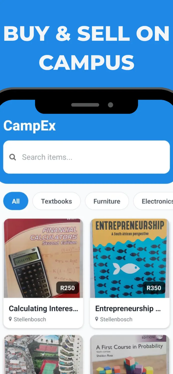 CampEx marketplace showing student listings for textbooks and campus essentials
