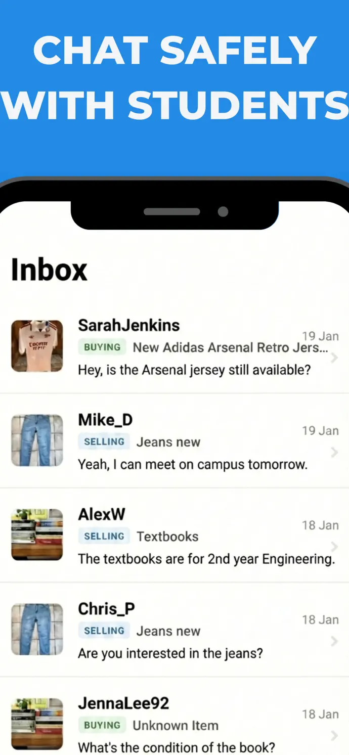 CampEx inbox showing conversations about student marketplace items